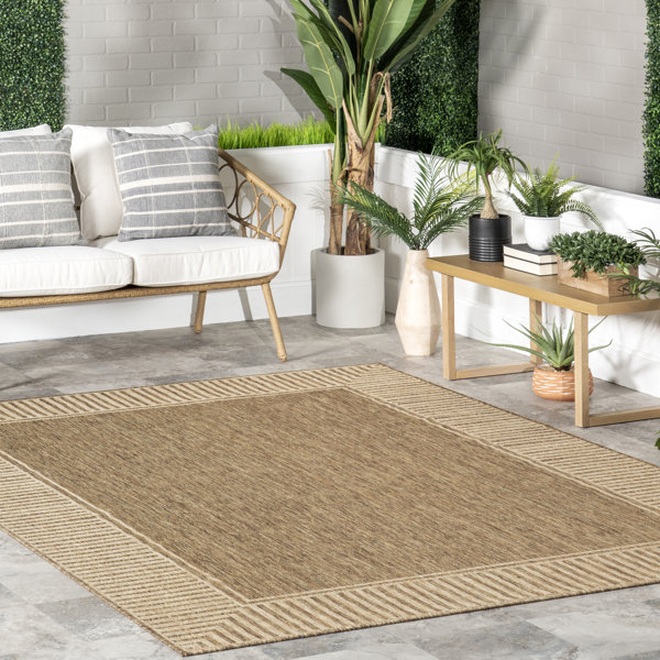 Gracie Oaks Alegre Bordered Power Loom Tan Indoor/Outdoor Patio Rug